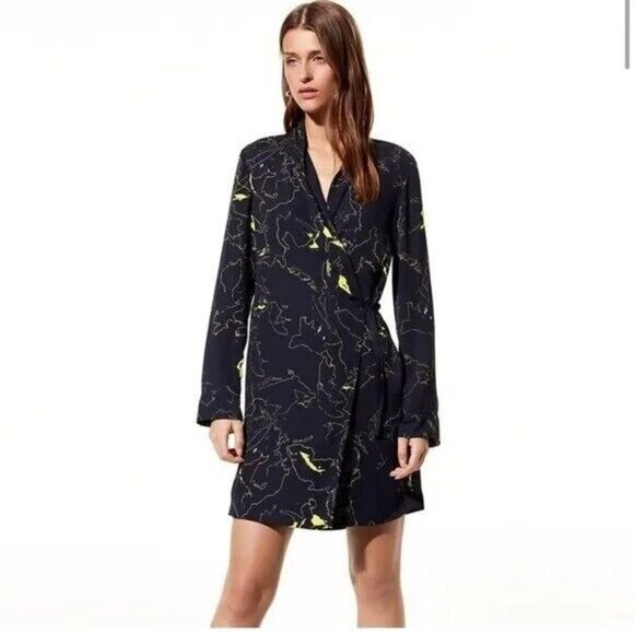 Aritzia Babaton Dress Navy Blue Yellow Macon Faux Wrap Long Sleeve Sz XS‎ NWT - Picture 1 of 14